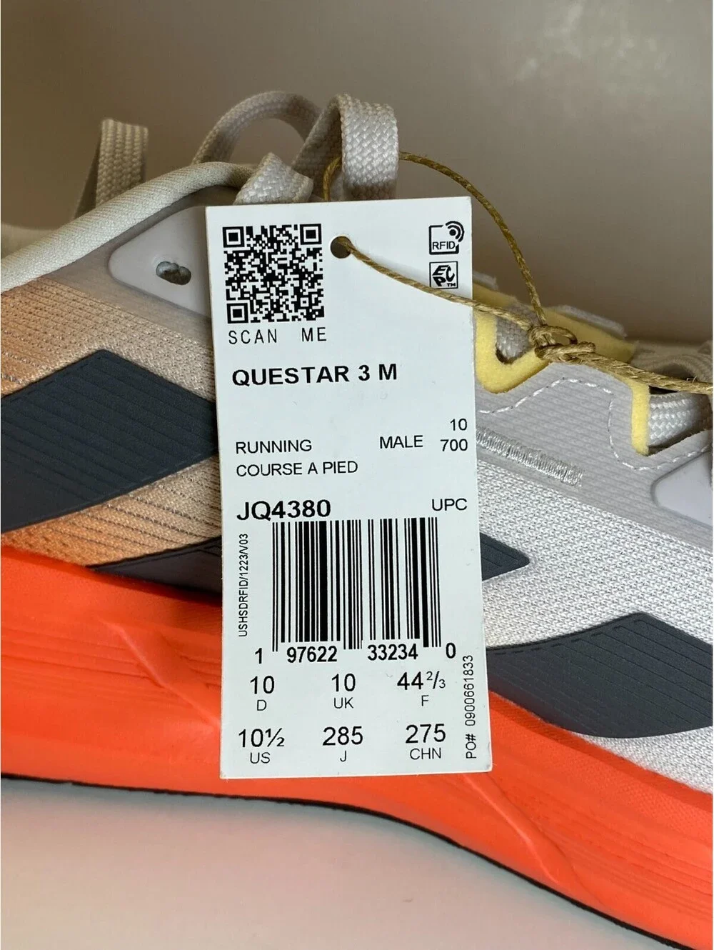 Adidas Questar 3 JQ4380 Mens Sneaker 10.5 Dash Gray Orange Mesh Running Shoes